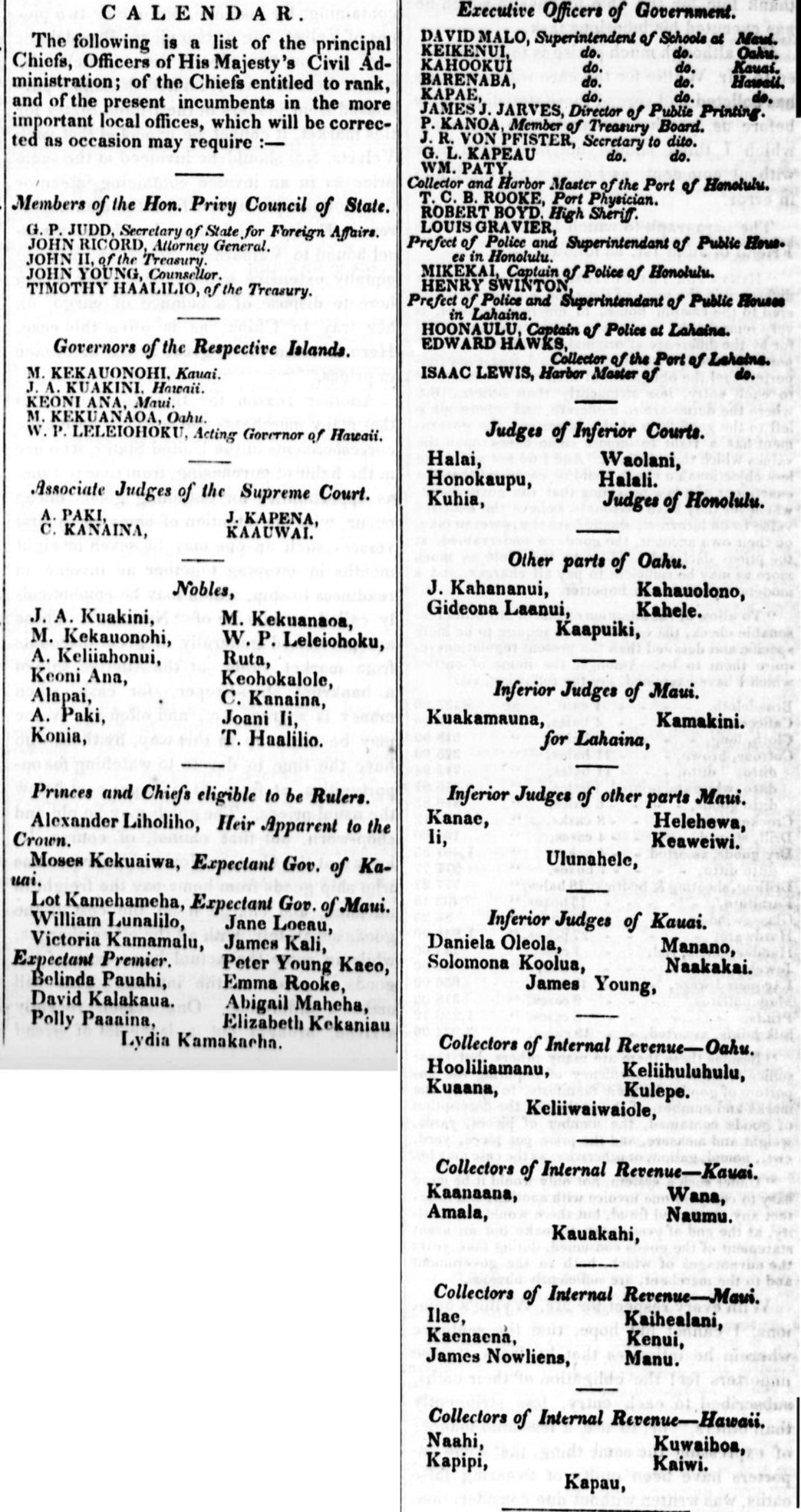 1844 Hawaiian Kingdom Government Calendar — list of chiefs which will be corrected as occasion may require