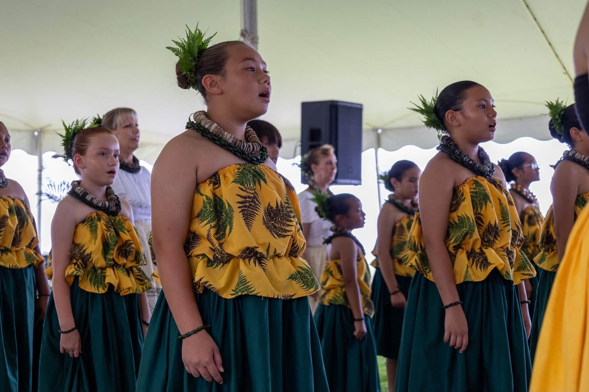 Hālau Kaʻeaikahelelani ensemble performing at Pūwalu hosted by Laʻiʻōpua 2020, Kona